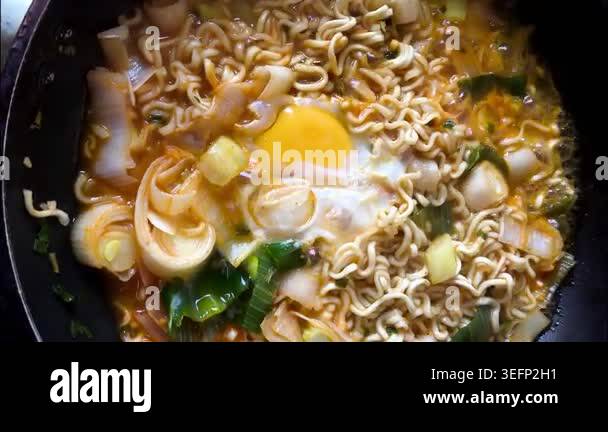 Boiling noodles with vegetable in pot, indoor Chiangmai Thailand Stock ...