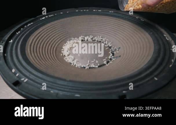 White rice grains dance on a large black speaker cone while a hand ...