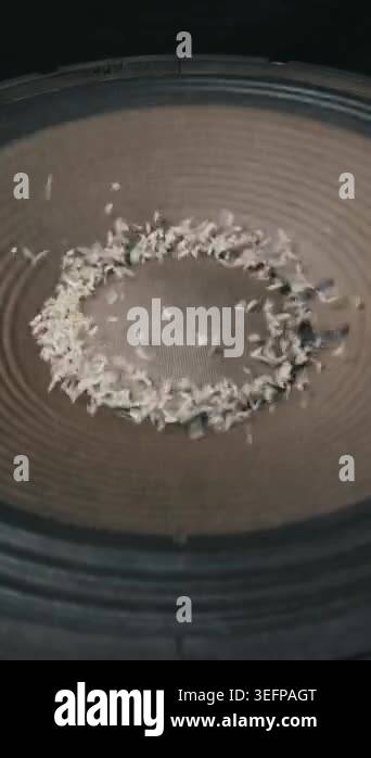 White rice grains jump rapidly on the center of a large vibrating audio ...