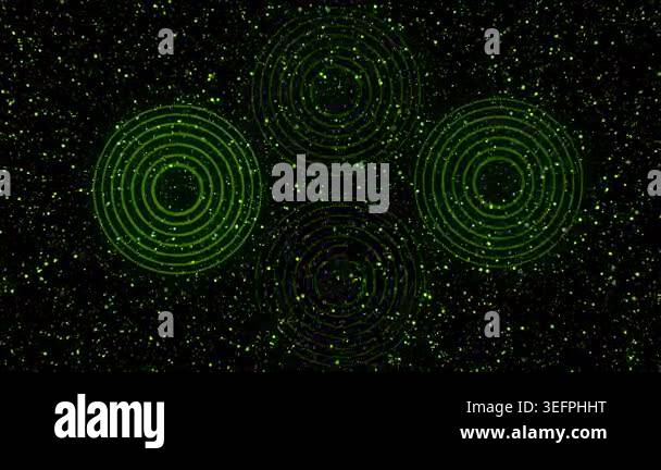 Four Glowing Green Concentric Circles with Speckled Particles in Motion ...