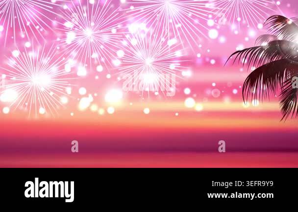 Animated fireworks display over a tropical beach at sunset with palm ...