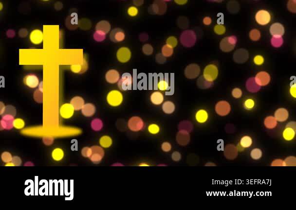 A radiant golden cross stands prominently against a dark, blurred ...