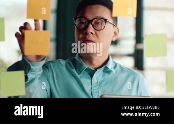 A man with light skin and glasses looks thoughtfully at colorful sticky ...
