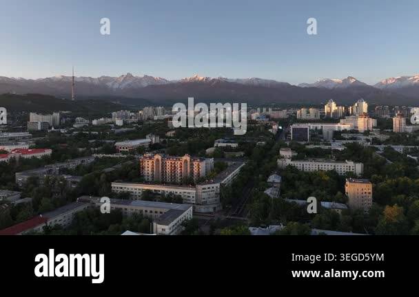 A quadcopter aerial view of the central part of Almaty, Kazakhstan, on ...