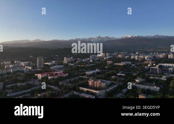 A quadcopter aerial view of the central part of Almaty, Kazakhstan, on ...