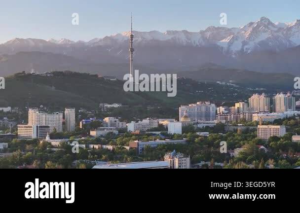A quadcopter aerial view of the central part of Almaty, Kazakhstan, on ...