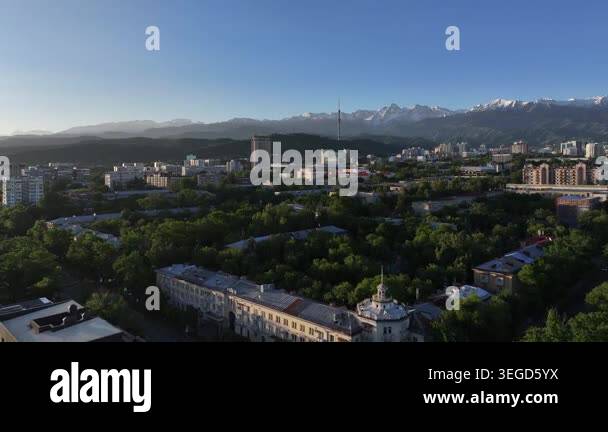 A quadcopter aerial view of the central part of Almaty, Kazakhstan, on ...