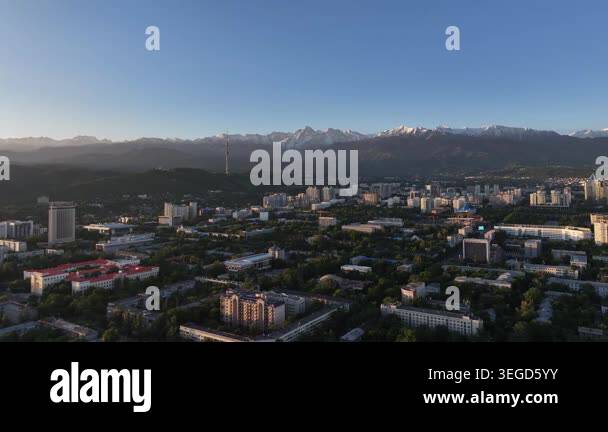 A quadcopter aerial view of the central part of Almaty, Kazakhstan, on ...
