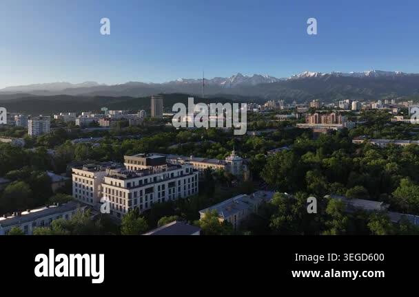 A quadcopter aerial view of the central part of Almaty, Kazakhstan, on ...