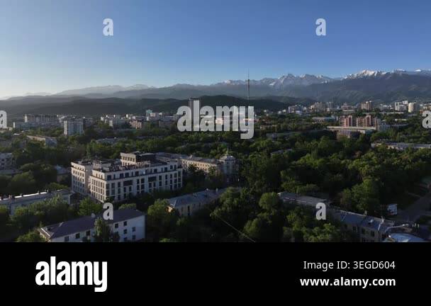 A quadcopter aerial view of the central part of Almaty, Kazakhstan, on ...