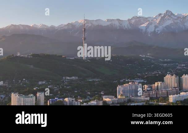 A quadcopter aerial view of the central part of Almaty, Kazakhstan, on ...