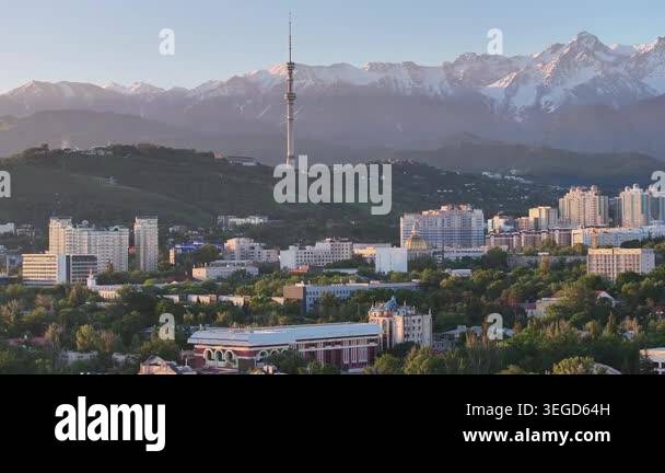 A quadcopter aerial view of the central part of Almaty, Kazakhstan, on ...