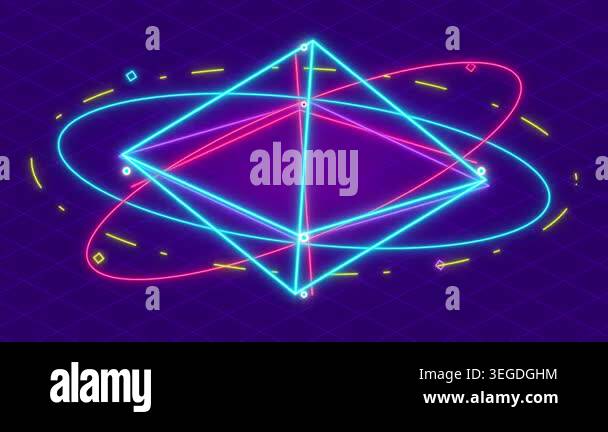 Seamlessly looping animation of a rotating neon octahedron with glowing ...