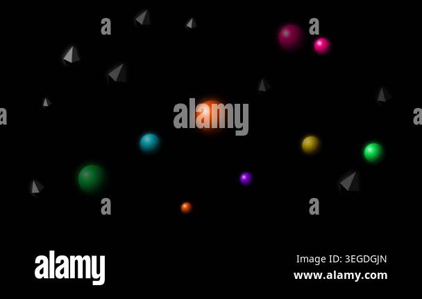 Abstract animation of colorful glowing spheres and geometric crystals ...