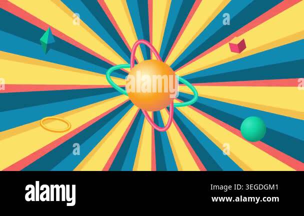 Abstract retro animation of a planet with rings and geometric shapes on ...