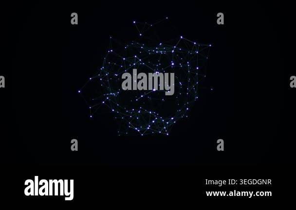 Abstract plexus network of glowing dots and lines rotating on a black ...