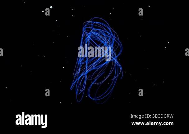 Abstract rotating blue light trails form a complex scribble shape in ...