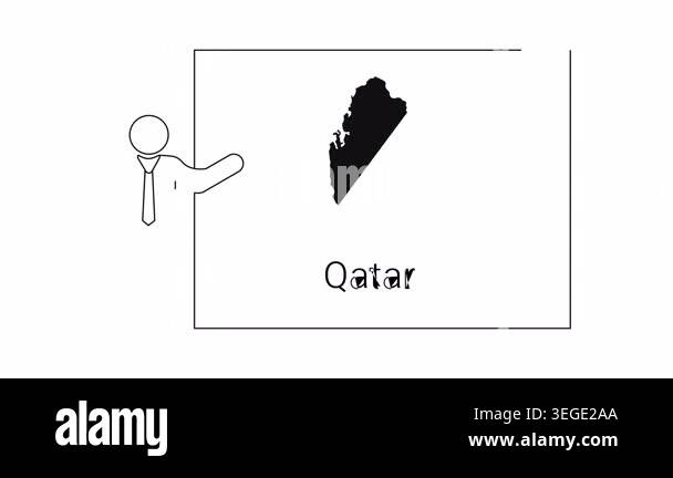 A simple line drawing of a man pointing to a map of Qatar displayed on ...