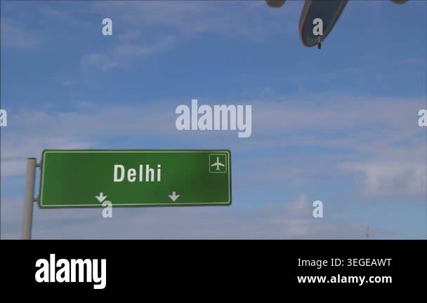 Delhi airplane landing. Jet plane travel to India arrival with airport ...