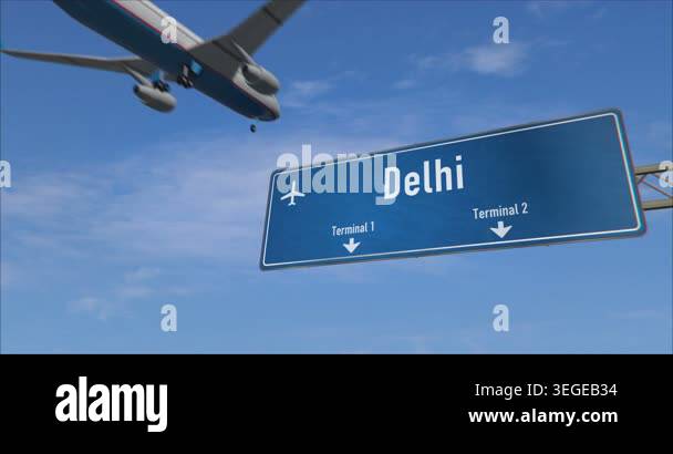 Airplane landing in Delhi. Plane travel to India arrive with airport ...