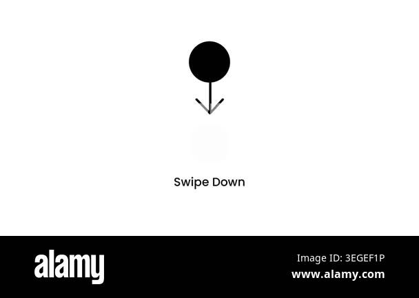 A downward arrow pointing toward a solid dot labeled Swipe Down showing ...