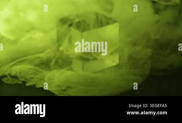 Fog cube. Neon yellow mist. Vibrant color geometric fume visual vapor ...