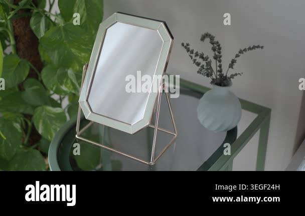 A mirror sits on a table next to a plant and a vase. The setting is ...