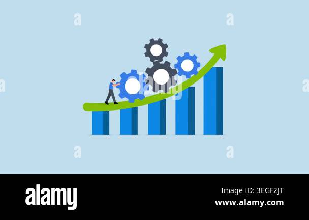 Process improvement, entrepreneur moving gears upward on ascending ...
