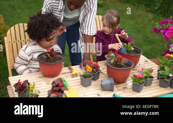 Loving black dad with multiracial kids planting flowers together in the ...