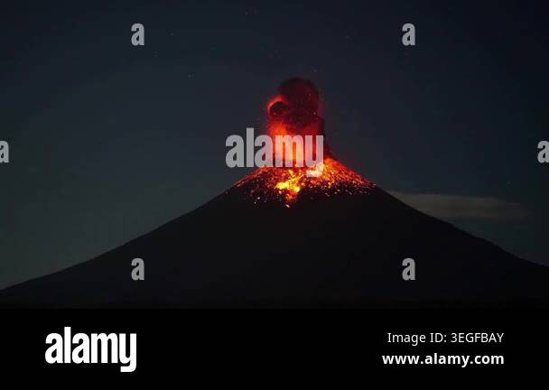 Volcano erupting at night with glowing red lava and thick smoke column ...