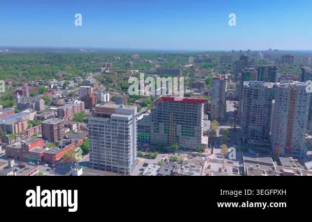 High angle drone view displays modern apartment high-rise buildings and ...