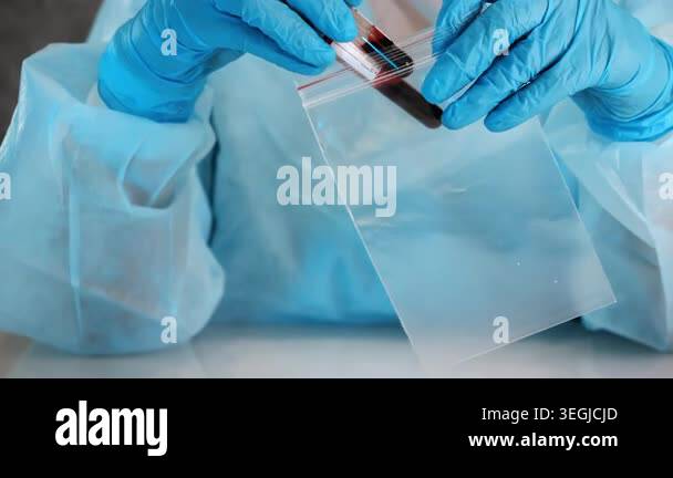 Close up of laboratory worker placing blood sample tubes into sterile ...