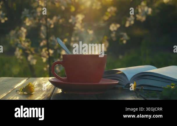 Warm cup of tea resting on a wooden table next to an open book ...