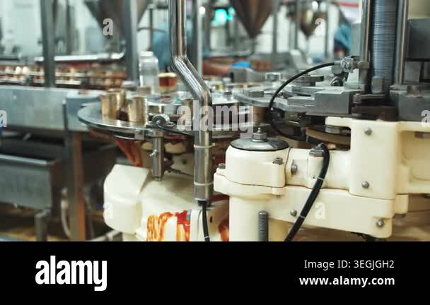 Close-up, automated conveyor belt machine with sardine fish filling in ...