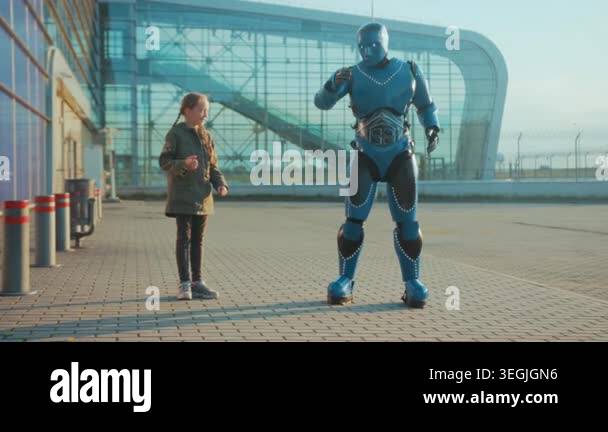 girl and robot meet at plaza outside glass terminal, robot offers ...