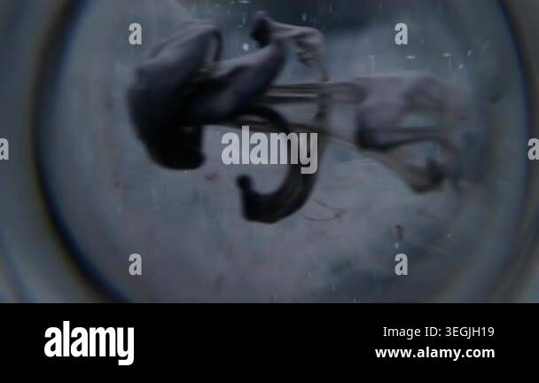 Defocused round splash. Ink fog. Black pigment dripping in mixing fluid ...