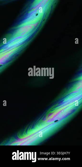 Vertical video. Defocused light fluid. Gasoline oil. Green blue purple ...