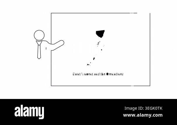 A simple line drawing shows a person pointing to a map of Saint Vincent ...
