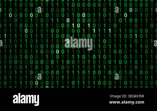 Green binary code streaming down a black background, simulating a ...