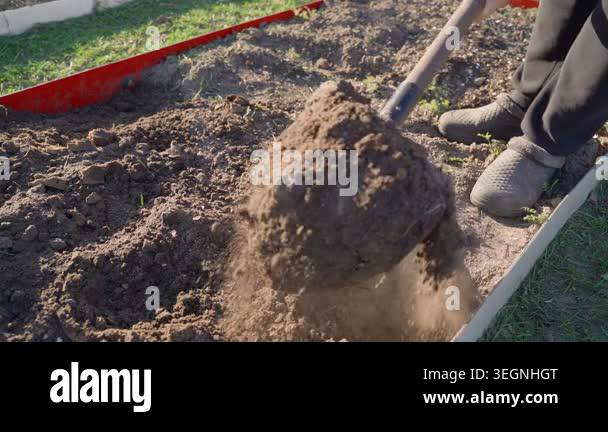 Man digging garden bed soil with shovel close-up in slow motion. High ...