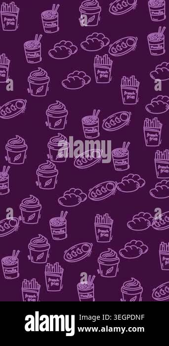 Purple background holds food icons in white line art. Cups, fries, and ...