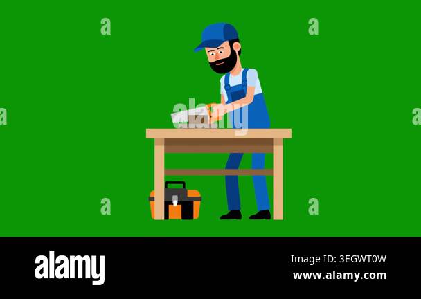 man with a beard in green apron with a wooden board in a hand. vector ...