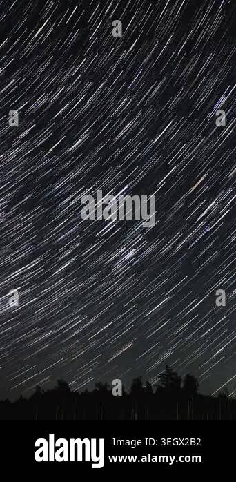 Time lapse of comet-shaped star trails over the forest in the night sky ...