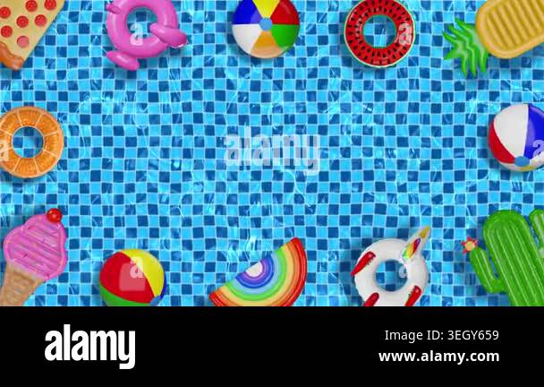 animated swimming pool with inflatables. summer animated background ...