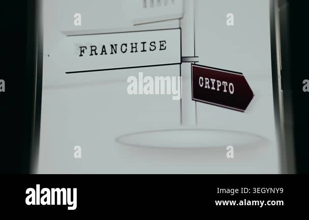 Signpost with a sign labeled FRANCHISE and a red banner labeled CRYPTO ...