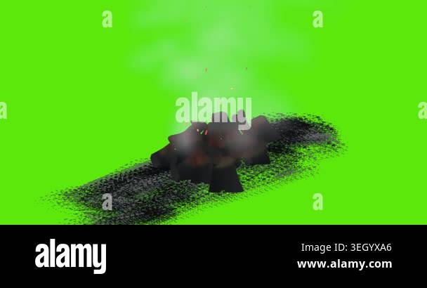 Charcoal in ashes with fire particles, flames on green background Stock ...