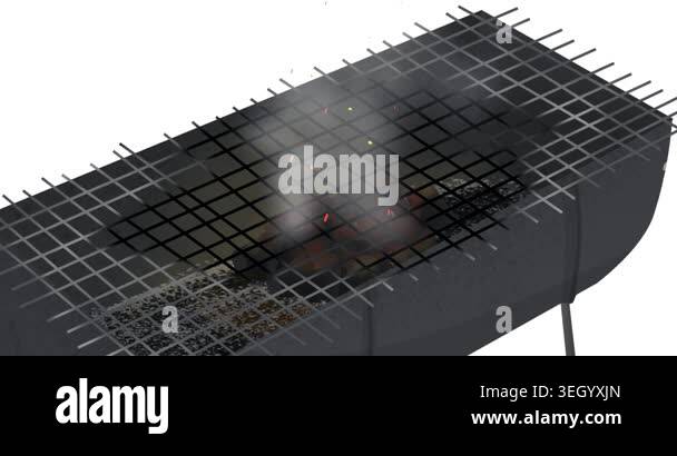 Open grill with mesh, fire particles and smoke trail on white ...
