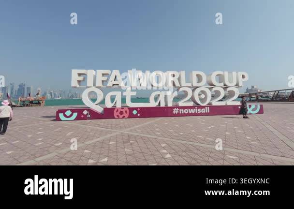 FIFA World Cup Qatar 2022 sign displayed on a sunny day in an outdoor ...