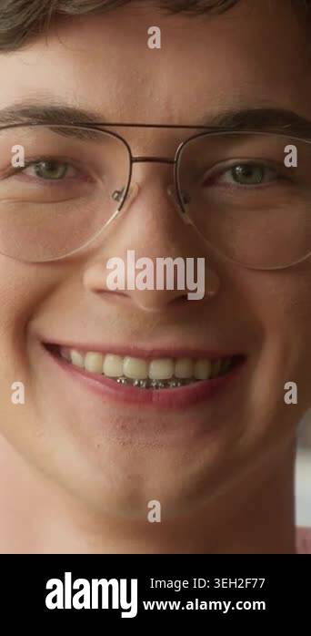Portrait happy Caucasian teen guy student looking at camera smiling in ...