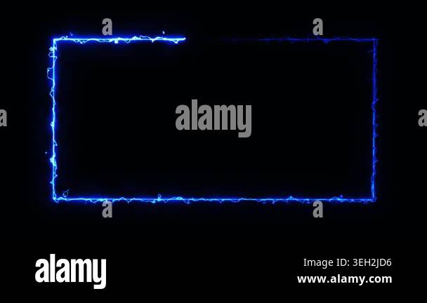 Glowing neon rectangle frame with electric energy motion on a black ...